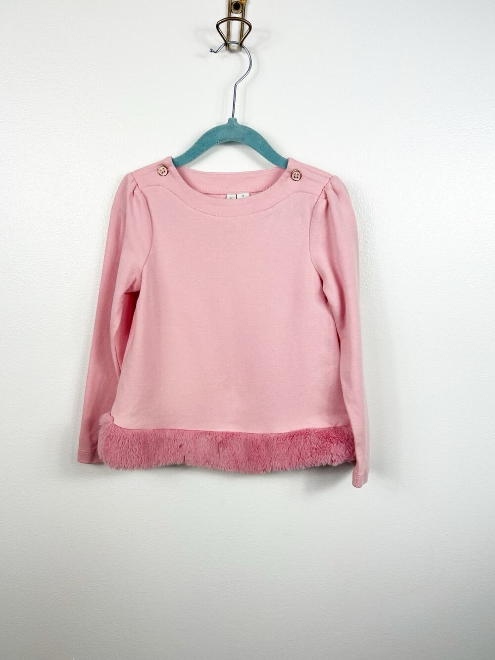Janie & Jack Light Pink Faux Fur Trim Knit Long Sleeved Shirt Girls Size 5